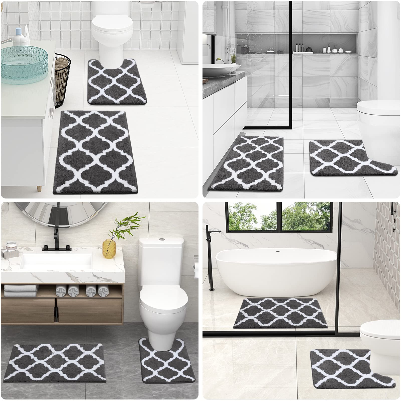 Bathroom Rugs Set 2 Piece Microfiber Bath Shower Mat and U-Shaped Toilet Rug, Machine Wash Dry, Non-Slip Absorbent Shaggy Bath Rug for Tub, Shower and Bath Room