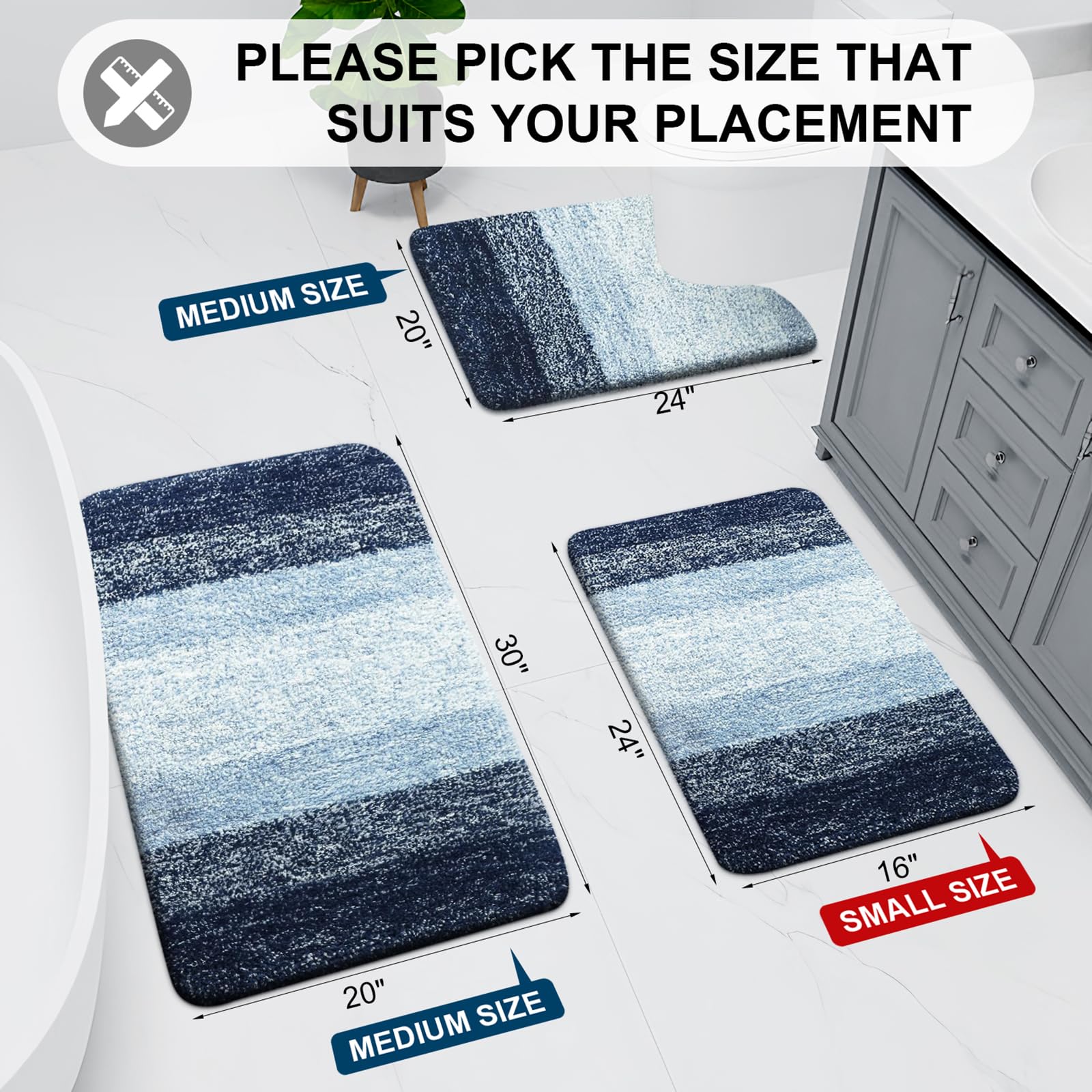 Bathroom Rugs Sets 2 Piece, Shaggy Soft and Absorbent Microfiber Bath Rugs and U-Shaped Contour Toilet Rug, Non-Slip, Machine Washable Dry Bath Mats for Bathroom