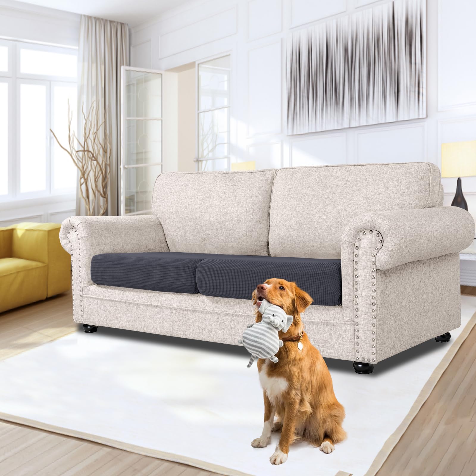 Stretch Couch Cushion Covers Sofa Seat Cushion Slipcovers Furniture Protectors with Elastic Bottom for Kids and Pets, Jacquard Checked Fabric
