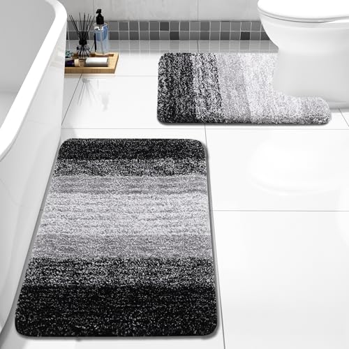 Bathroom Rugs Sets 2 Piece, Shaggy Soft and Absorbent Microfiber Bath Rugs and U-Shaped Contour Toilet Rug, Non-Slip, Machine Washable Dry Bath Mats for Bathroom