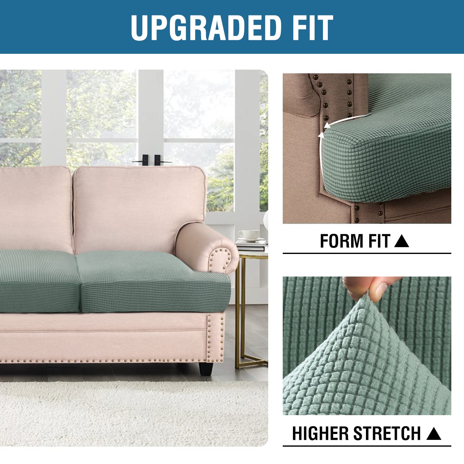 Stretch 3 Piece T Cushion Sofa Slipcovers Individually Sofa Cushion Covers for 3 Cushion Couch Sofa Seat Cushion Covers with Elastic Bands Featuring Thicker Jacquard Fabric, Sand