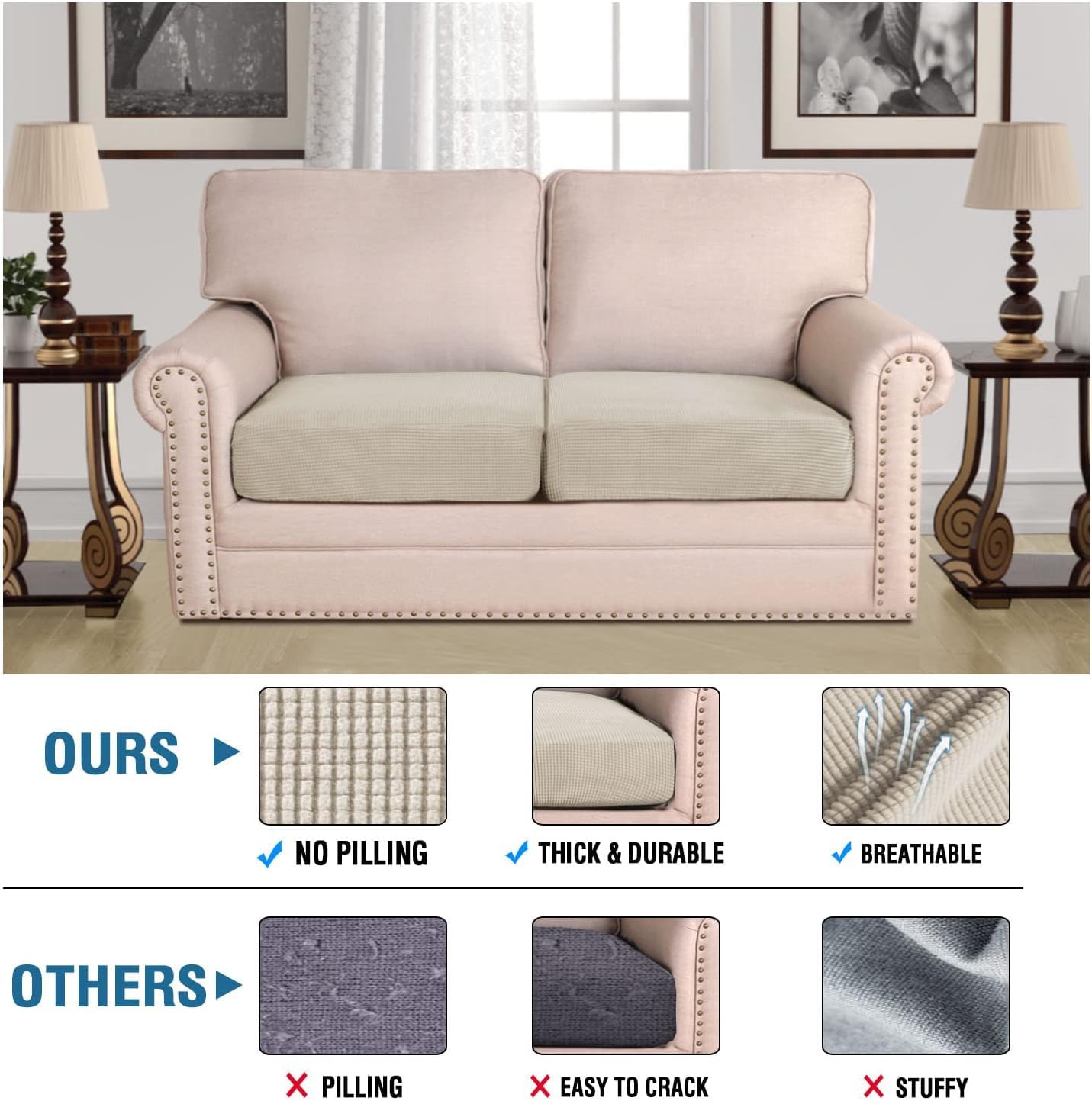 Super Stretch Individual Seat Cushion Covers Sofa Covers Couch Cushion Covers Slipcover Sets Thick Jacquard Textured Twill Fabric (1 Piece Sofa Cushion Cover)