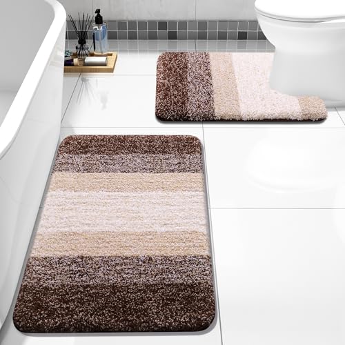 Bathroom Rugs Sets 2 Piece, Shaggy Soft and Absorbent Microfiber Bath Rugs and U-Shaped Contour Toilet Rug, Non-Slip, Machine Washable Dry Bath Mats for Bathroom