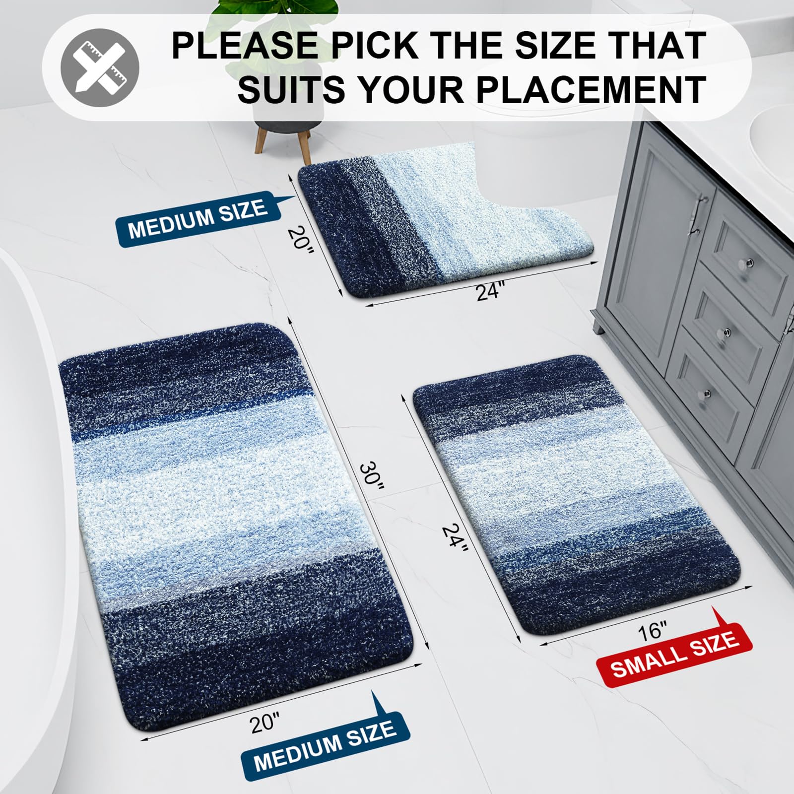 Bathroom Rugs Sets 2 Piece, Shaggy Soft and Absorbent Microfiber Bath Rugs and U-Shaped Contour Toilet Rug, Non-Slip, Machine Washable Dry Bath Mats for Bathroom