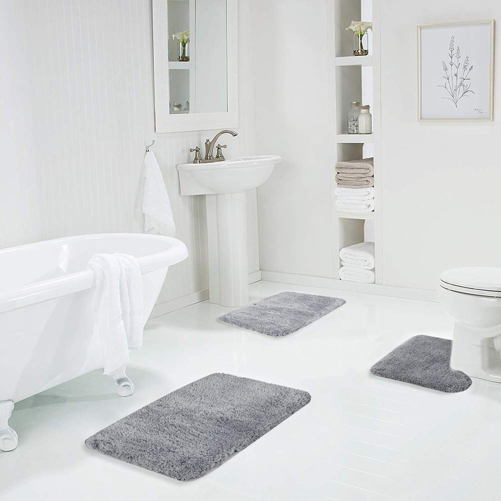 改Walensee Shaggy 2 Piece Bath Rug Sets (Grey) 20 x 24 Non Slip, U Shape Contour Rug &amp; 20 x 32, Machine Wash/Dry Plush Absorbent Bath Mats for Bathroom