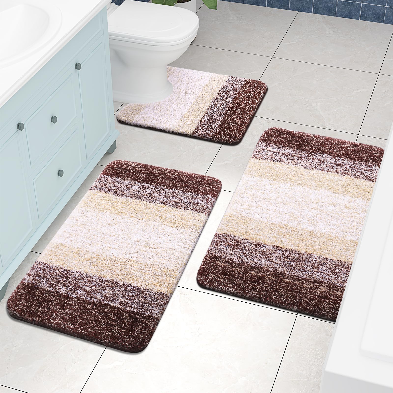 Bathroom Rugs Sets 2 Piece, Shaggy Soft and Absorbent Microfiber Bath Rugs and U-Shaped Contour Toilet Rug, Non-Slip, Machine Washable Dry Bath Mats for Bathroom