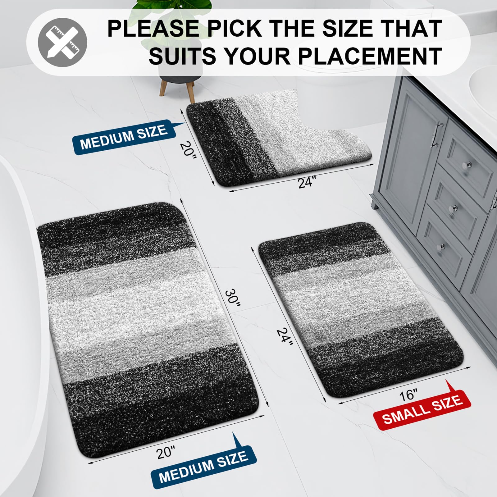 Bathroom Rugs Sets 2 Piece, Shaggy Soft and Absorbent Microfiber Bath Rugs and U-Shaped Contour Toilet Rug, Non-Slip, Machine Washable Dry Bath Mats for Bathroom