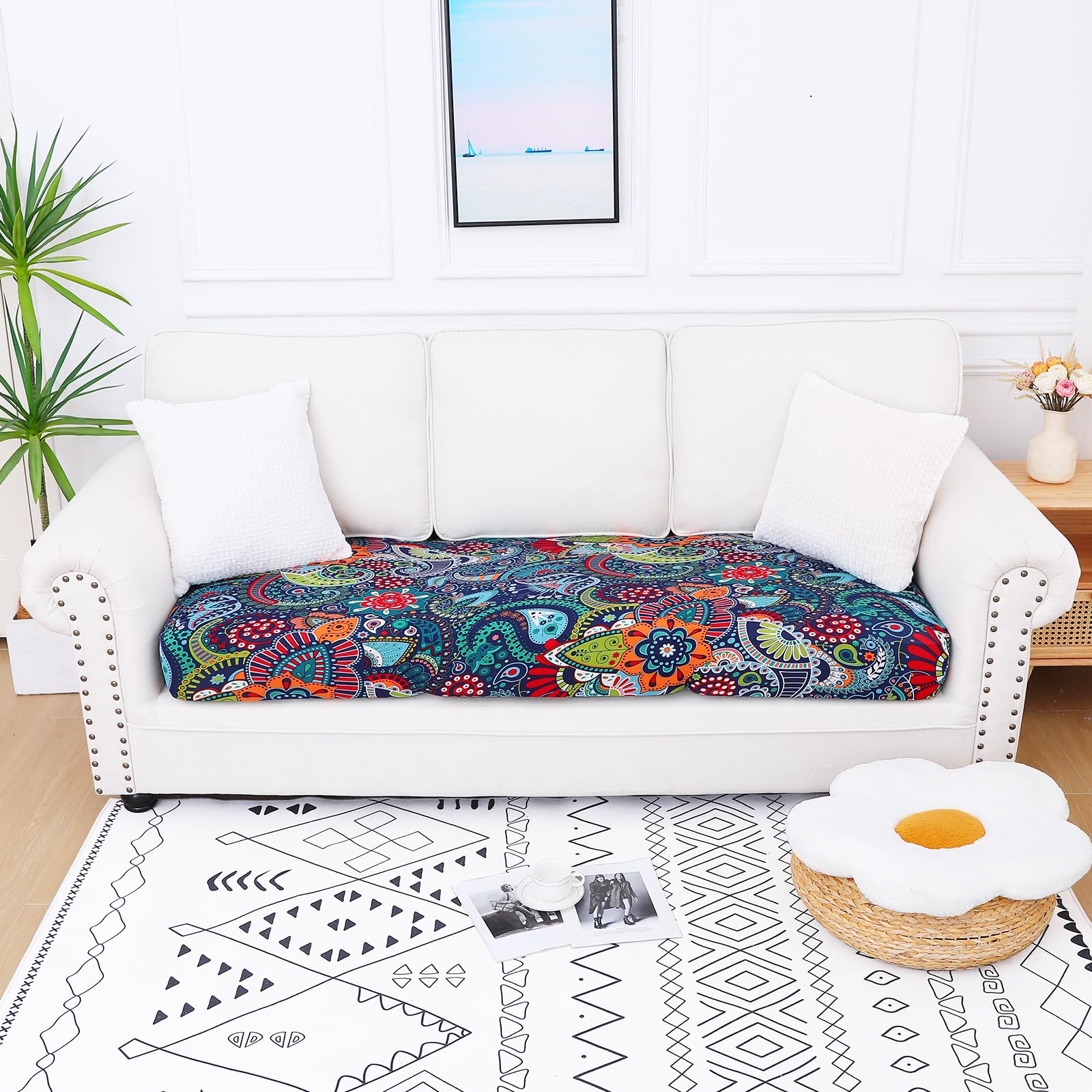 Printed Couch Cushion Covers, Stretch Sofa Cushion Covers Replacement, Non-Slip Sofa Seat Cushion Slipcovers, Soft Couch Covers for Indoor and Outdoor