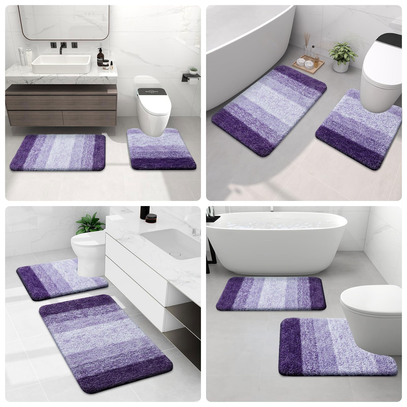 Bathroom Rugs Sets 2 Piece, Shaggy Soft and Absorbent Microfiber Bath Rugs and U-Shaped Contour Toilet Rug, Non-Slip, Machine Washable Dry Bath Mats for Bathroom