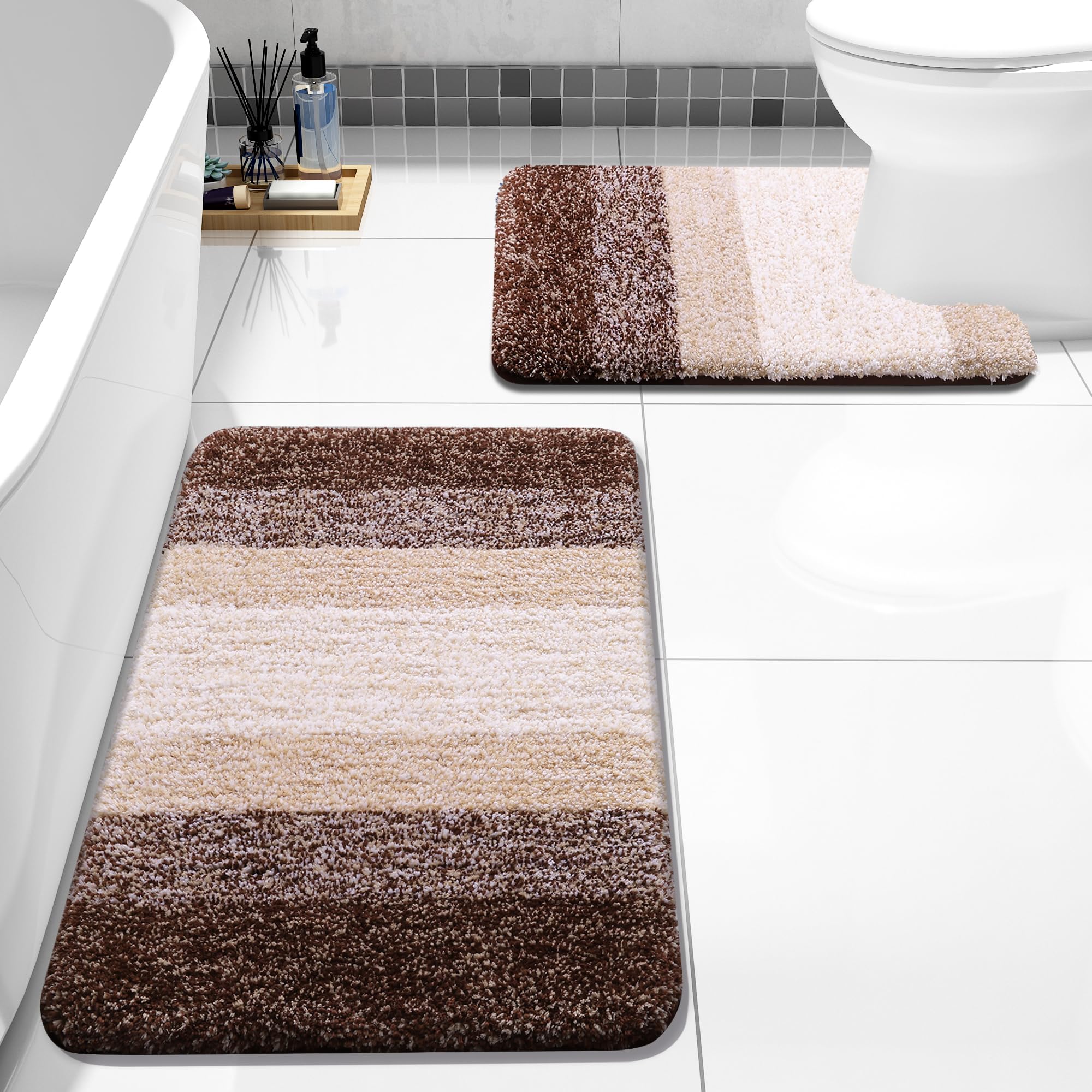 Bathroom Rugs Sets 2 Piece, Shaggy Soft and Absorbent Microfiber Bath Rugs and U-Shaped Contour Toilet Rug, Non-Slip, Machine Washable Dry Bath Mats for Bathroom