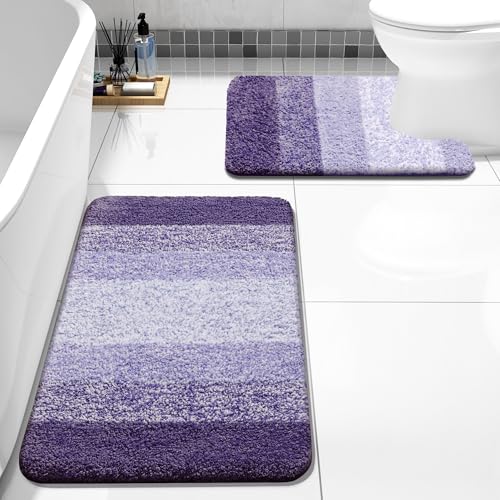 Bathroom Rugs Sets 2 Piece, Shaggy Soft and Absorbent Microfiber Bath Rugs and U-Shaped Contour Toilet Rug, Non-Slip, Machine Washable Dry Bath Mats for Bathroom