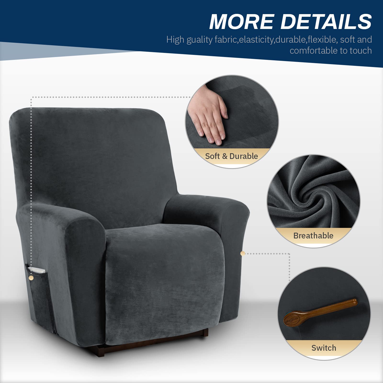 Recliner Chair Covers Lazy Boy Recliner Covers with Pockets Stretch Velvet Couch Cover Slipcovers 1-Piece Furniture Protector for Dogs Cats