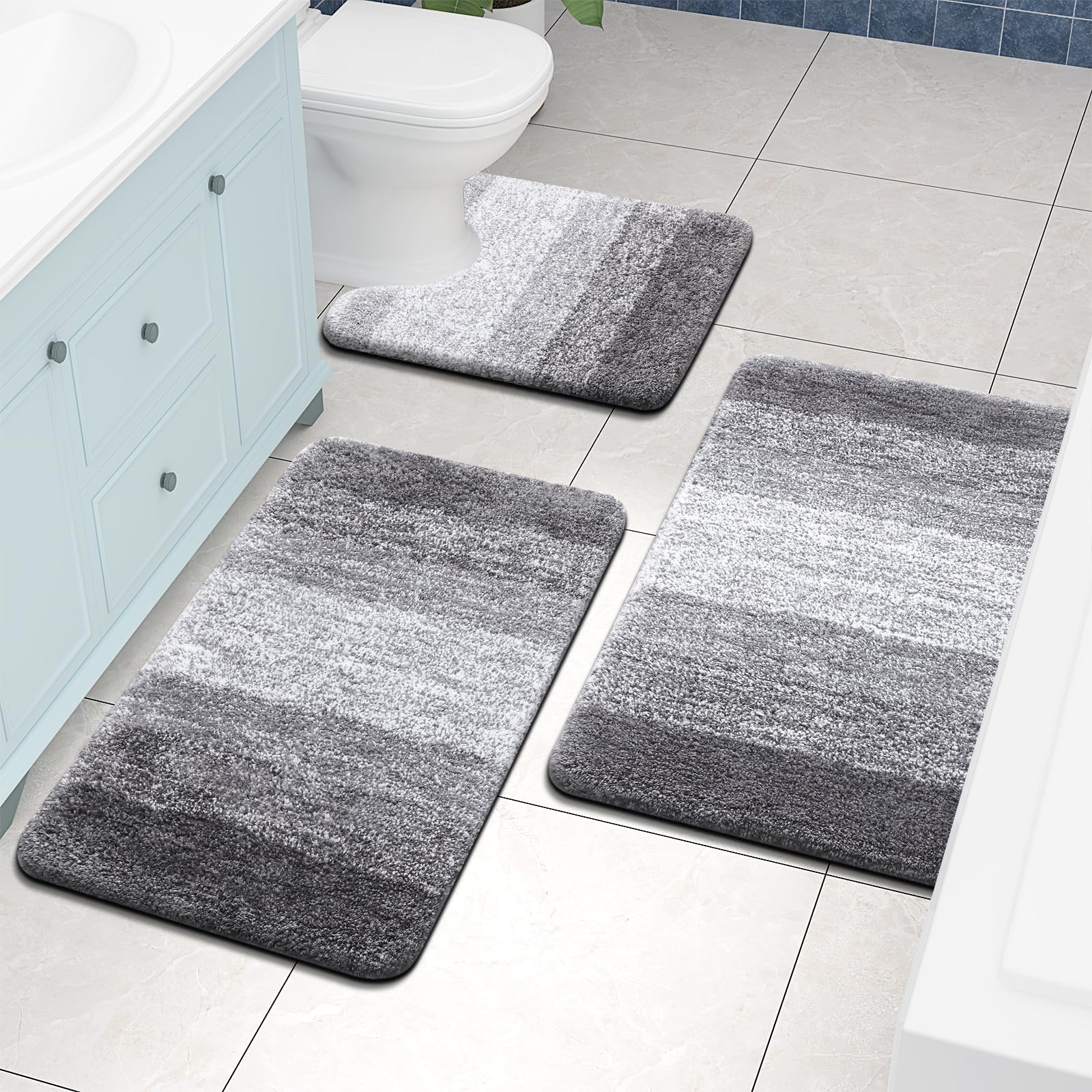 Bathroom Rugs Sets 2 Piece, Shaggy Soft and Absorbent Microfiber Bath Rugs and U-Shaped Contour Toilet Rug, Non-Slip, Machine Washable Dry Bath Mats for Bathroom