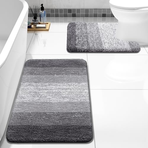 Bathroom Rugs Sets 2 Piece, Shaggy Soft and Absorbent Microfiber Bath Rugs and U-Shaped Contour Toilet Rug, Non-Slip, Machine Washable Dry Bath Mats for Bathroom
