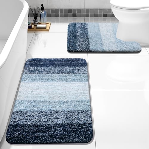 Bathroom Rugs Sets 2 Piece, Shaggy Soft and Absorbent Microfiber Bath Rugs and U-Shaped Contour Toilet Rug, Non-Slip, Machine Washable Dry Bath Mats for Bathroom