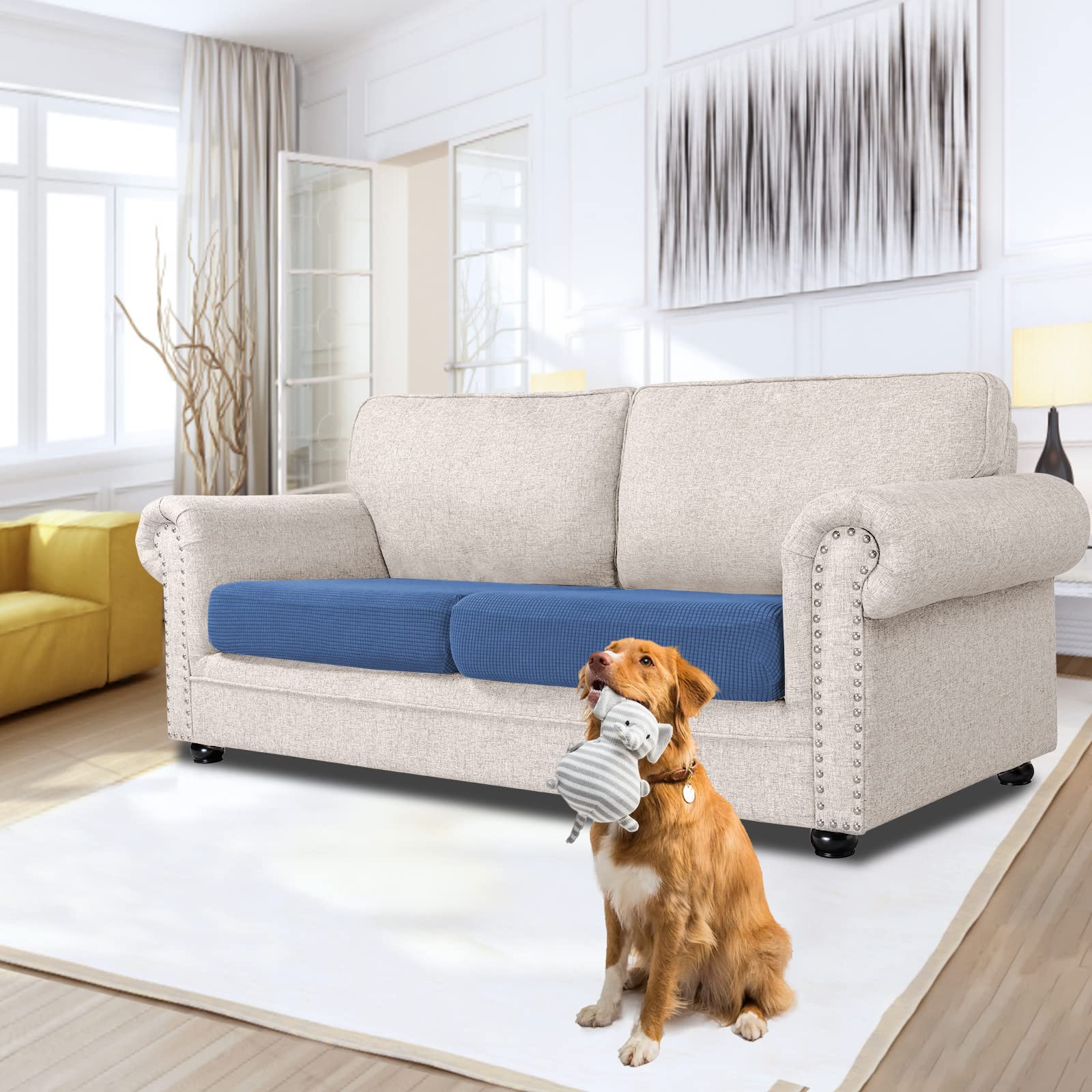 Stretch Couch Cushion Covers Sofa Seat Cushion Slipcovers Furniture Protectors with Elastic Bottom for Kids and Pets, Jacquard Checked Fabric
