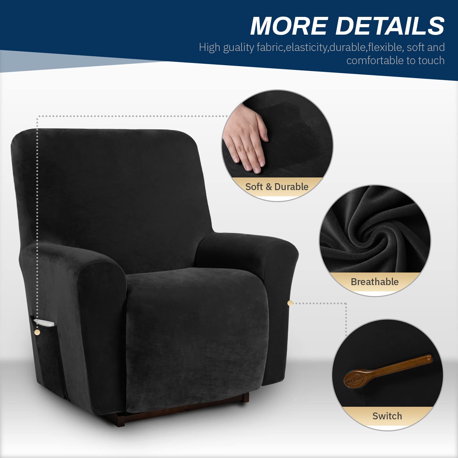 Recliner Chair Covers Lazy Boy Recliner Covers with Pockets Stretch Velvet Couch Cover Slipcovers 1-Piece Furniture Protector for Dogs Cats