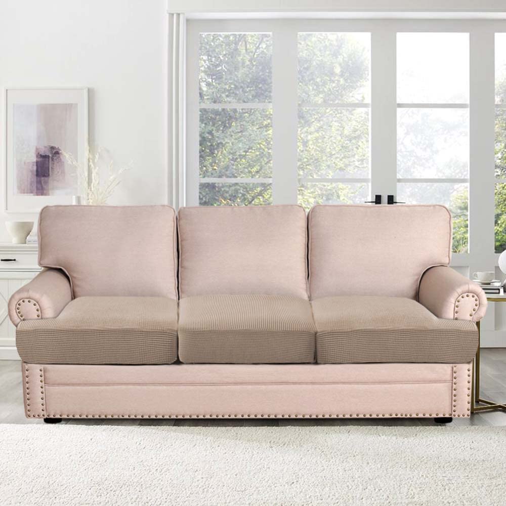 Stretch 3 Piece T Cushion Sofa Slipcovers Individually Sofa Cushion Covers for 3 Cushion Couch Sofa Seat Cushion Covers with Elastic Bands Featuring Thicker Jacquard Fabric, Sand