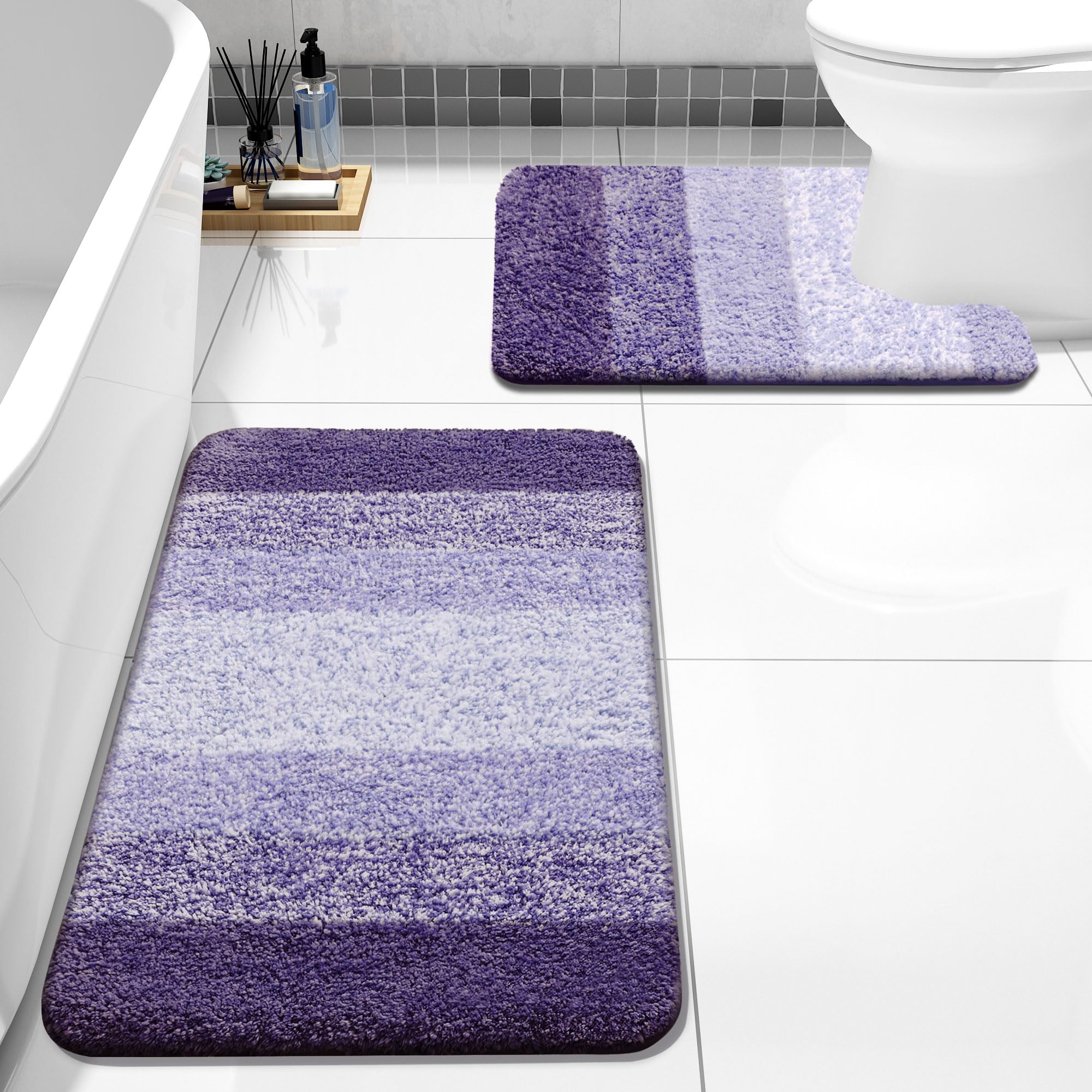 Bathroom Rugs Sets 2 Piece, Shaggy Soft and Absorbent Microfiber Bath Rugs and U-Shaped Contour Toilet Rug, Non-Slip, Machine Washable Dry Bath Mats for Bathroom
