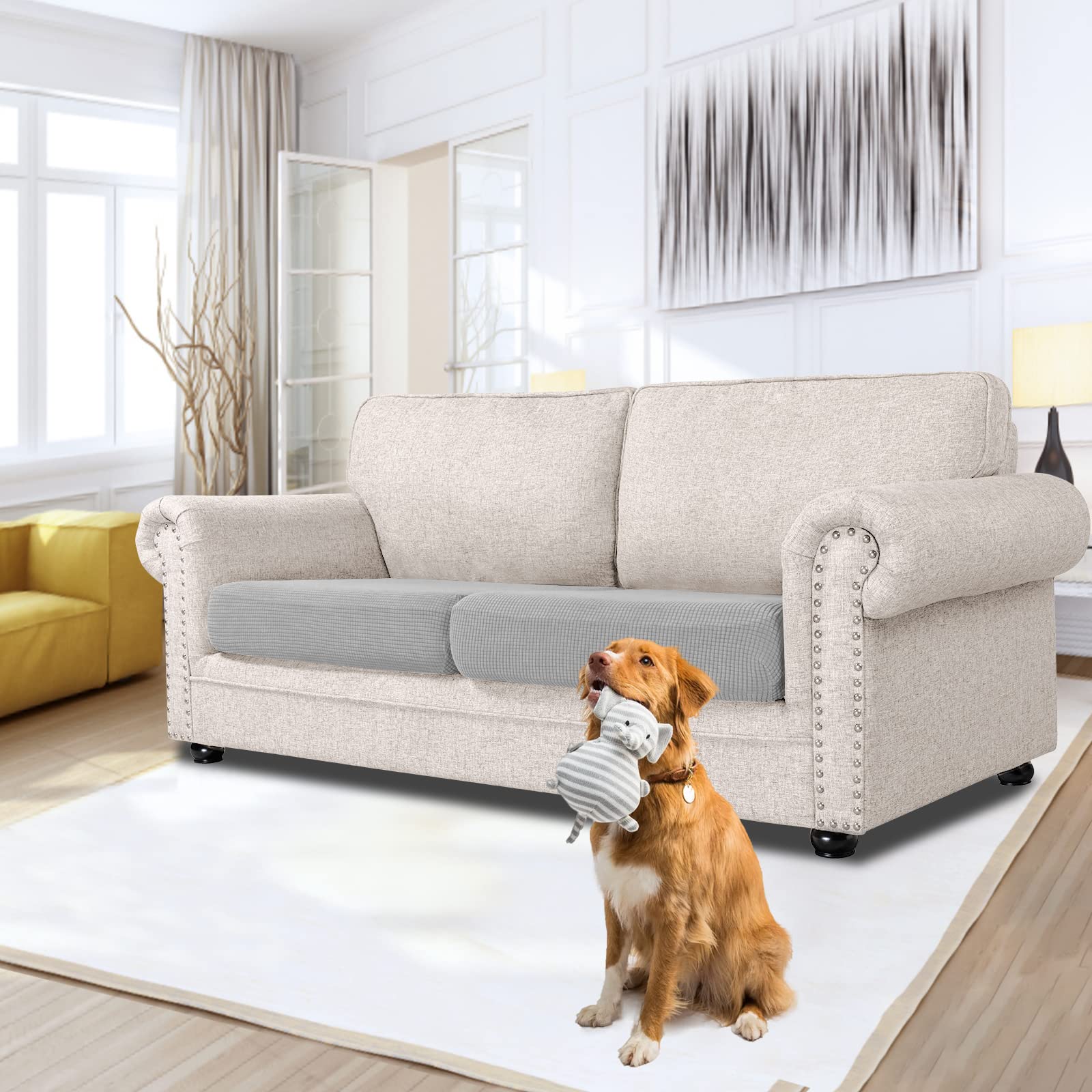 Stretch Couch Cushion Covers Sofa Seat Cushion Slipcovers Furniture Protectors with Elastic Bottom for Kids and Pets, Jacquard Checked Fabric