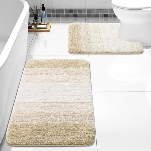 Bathroom Rugs Sets 2 Piece, Shaggy Soft and Absorbent Microfiber Bath Rugs and U-Shaped Contour Toilet Rug, Non-Slip, Machine Washable Dry Bath Mats for Bathroom