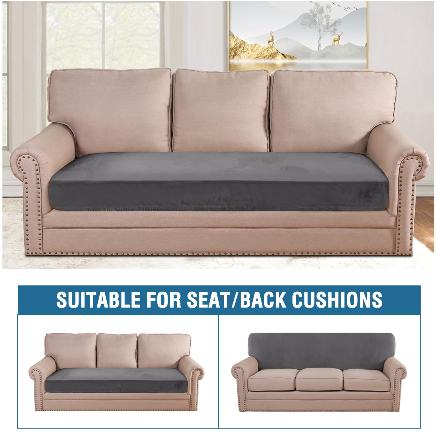 Velvet Stretch Couch Cushion Cover Plush Cushion Slipcover for Chair Loveseat Sofa Cushion Furniture Protector Seat Cushion Sofa Cover (3 Piece Sofa Cushion Covers)
