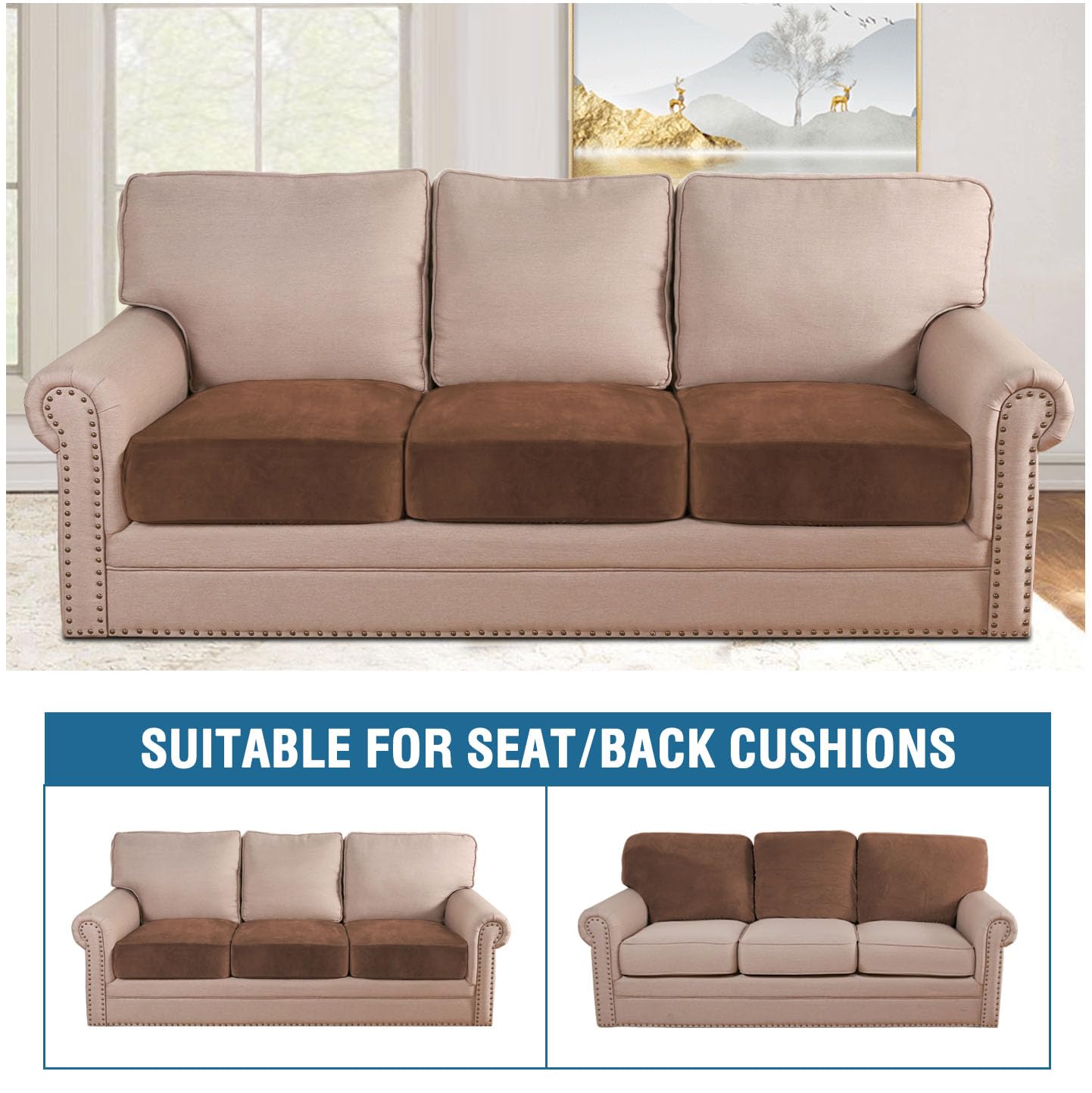 Velvet Stretch Couch Cushion Cover Plush Cushion Slipcover for Chair Loveseat Sofa Cushion Furniture Protector Seat Cushion Sofa Cover (3 Piece Sofa Cushion Covers)