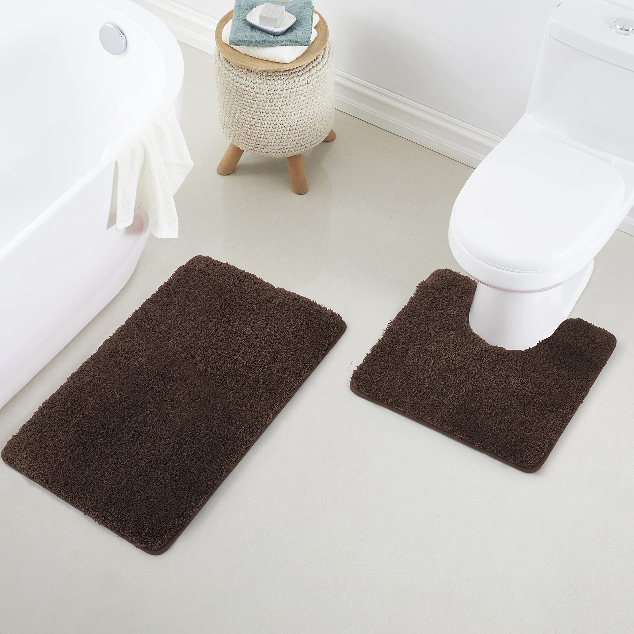 2 Piece Bath Rug Mat Set, Thick & Soft Microfiber Plush Shaggy Bathrugs with U Shaped Contour Bath Rug, Machine Washable Bathmats, Non-Slip Rubber Backing Bath Mats for Bathroom