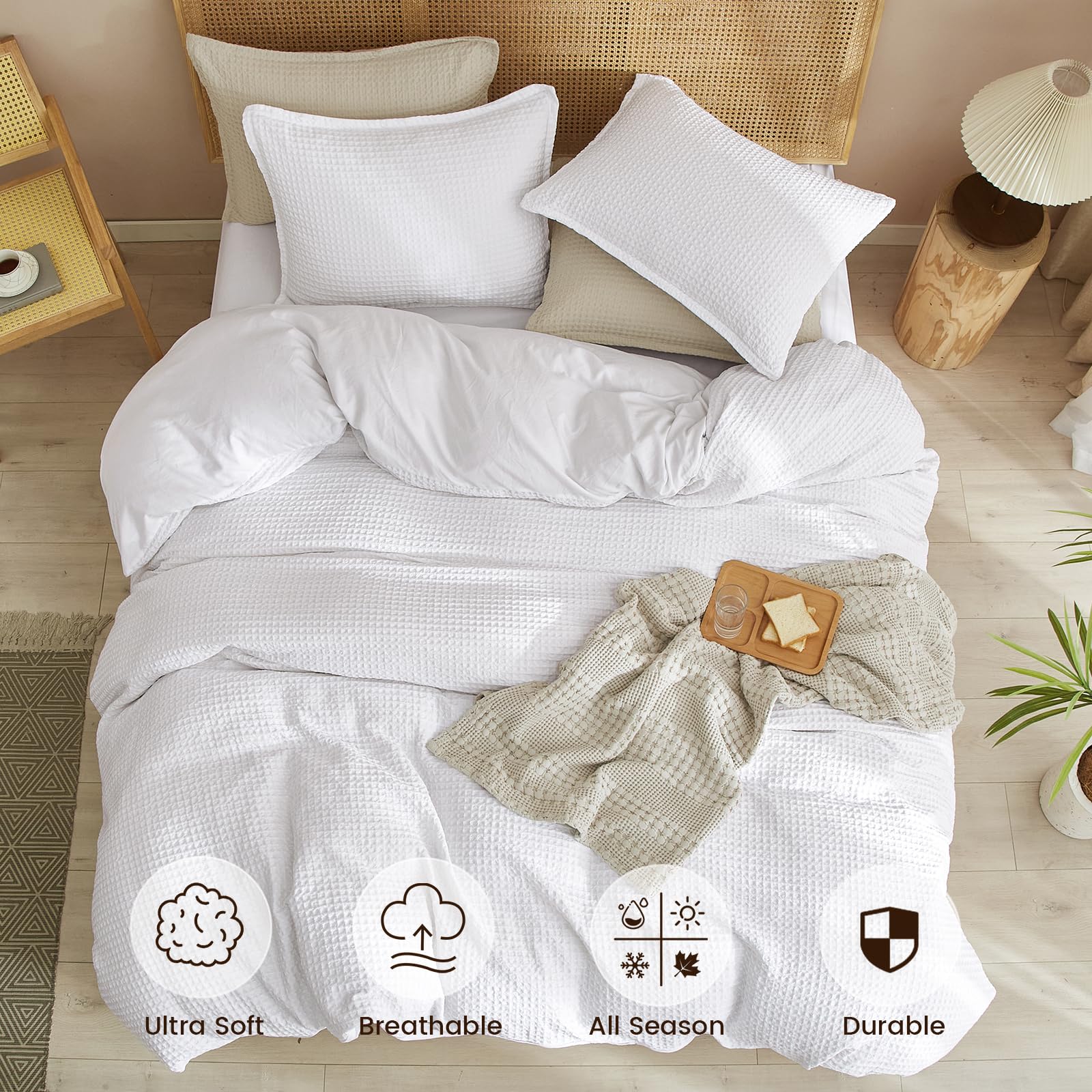 Waffle Weave Duvet Cover Set Queen Size, 3 Piece Ultra Soft Breathable Durable Comforter Cover for All Season, Waffle Textured Duvet Cover with 2 Pillow Shams Bedding Collection, 90"x90"
