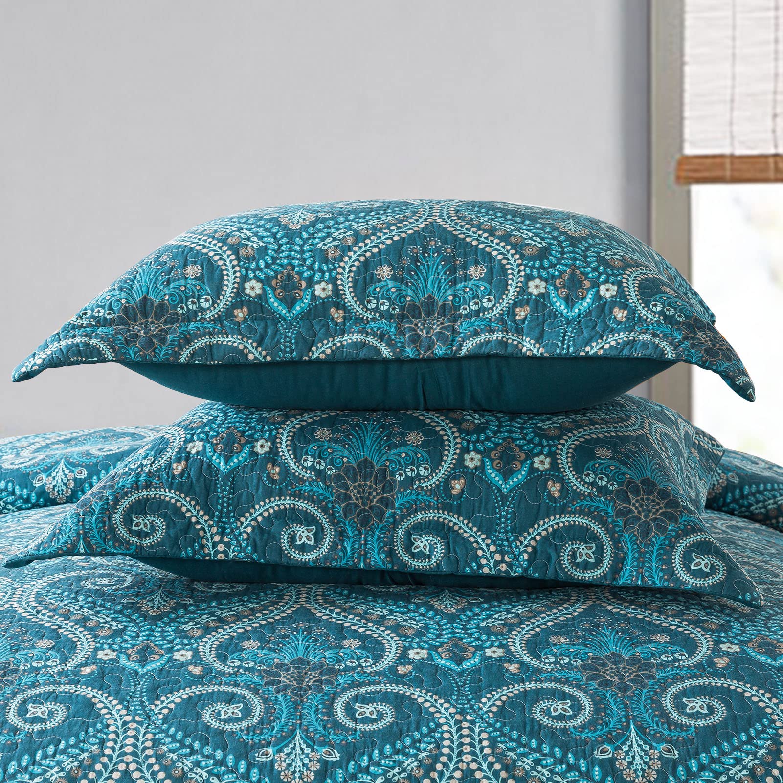 改Travan 3-Piece Quilt Set Quilted Bedspread Lightweight Coverlet Set Garden Style Floral Printed Oversized Quilted Bedding Set with Shams for All Season, Exquisite, King Size