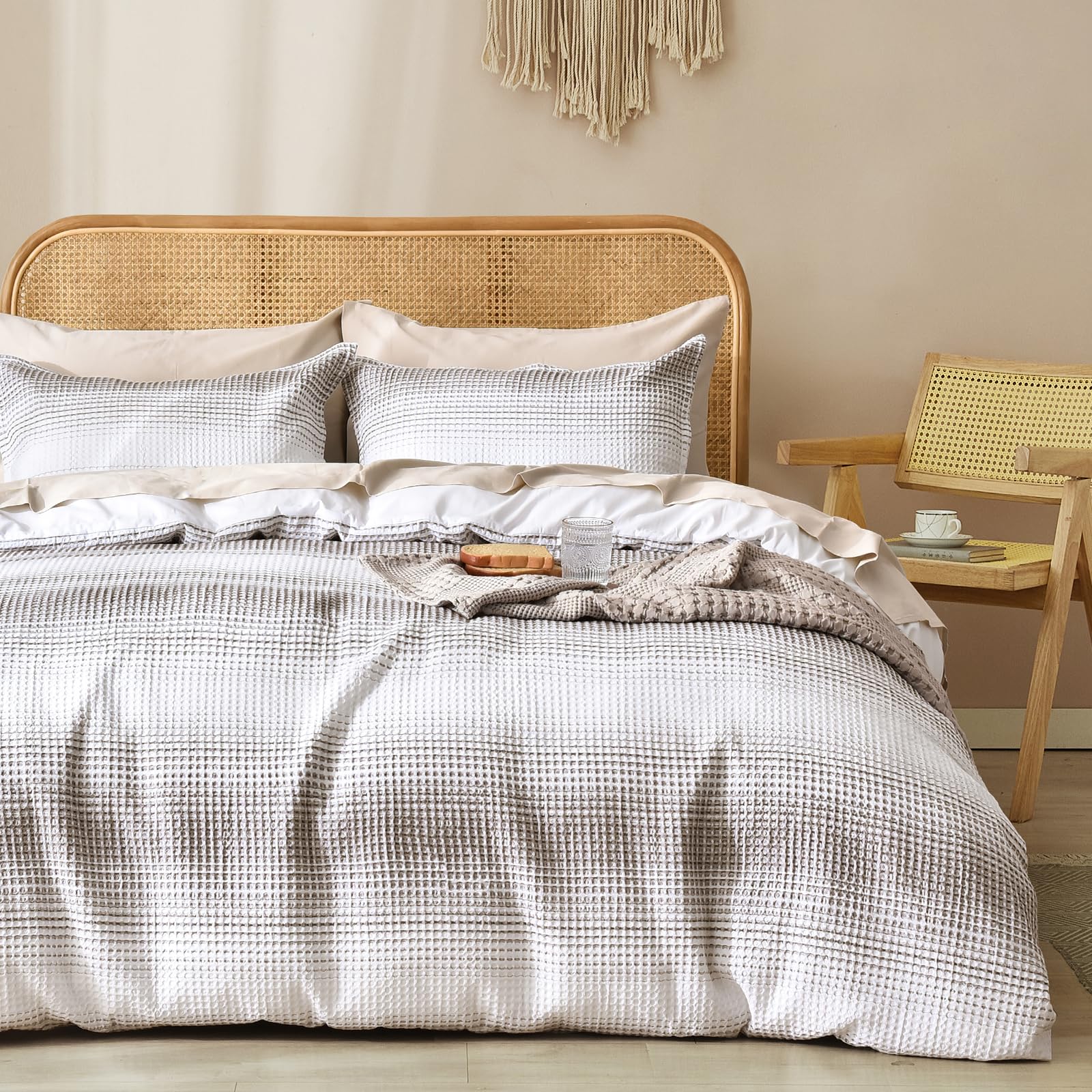 改PHF Waffle Weave Duvet Cover Set Queen Size, 3 Piece Ultra Soft Breathable Durable Comforter Cover for All Season, Waffle Textured Duvet Cover with 2 Pillow Shams Bedding Collection, 90"x90", White