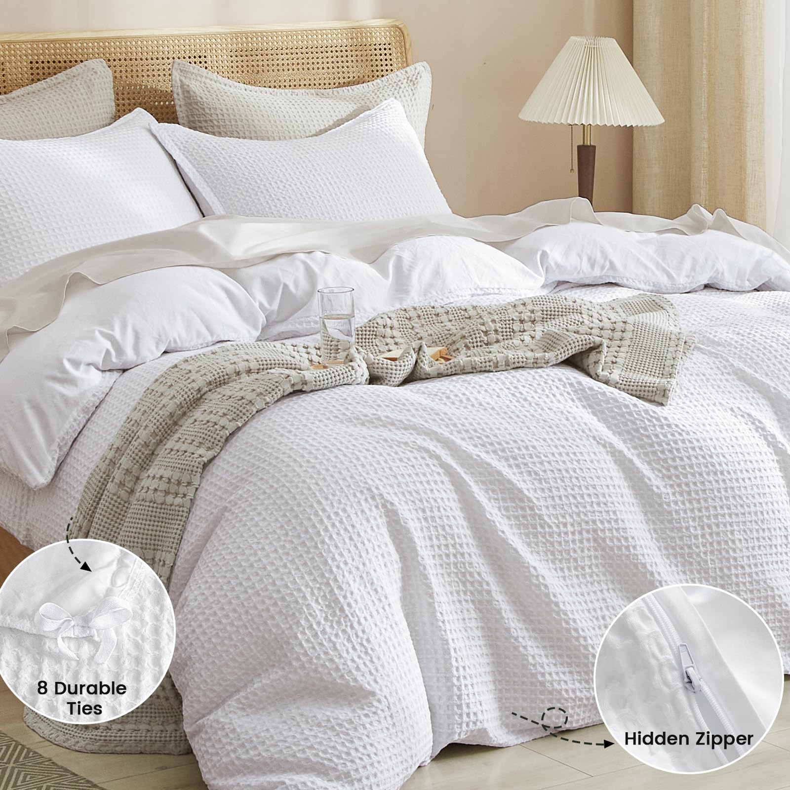 Waffle Weave Duvet Cover Set Queen Size, 3 Piece Ultra Soft Breathable Durable Comforter Cover for All Season, Waffle Textured Duvet Cover with 2 Pillow Shams Bedding Collection, 90"x90"