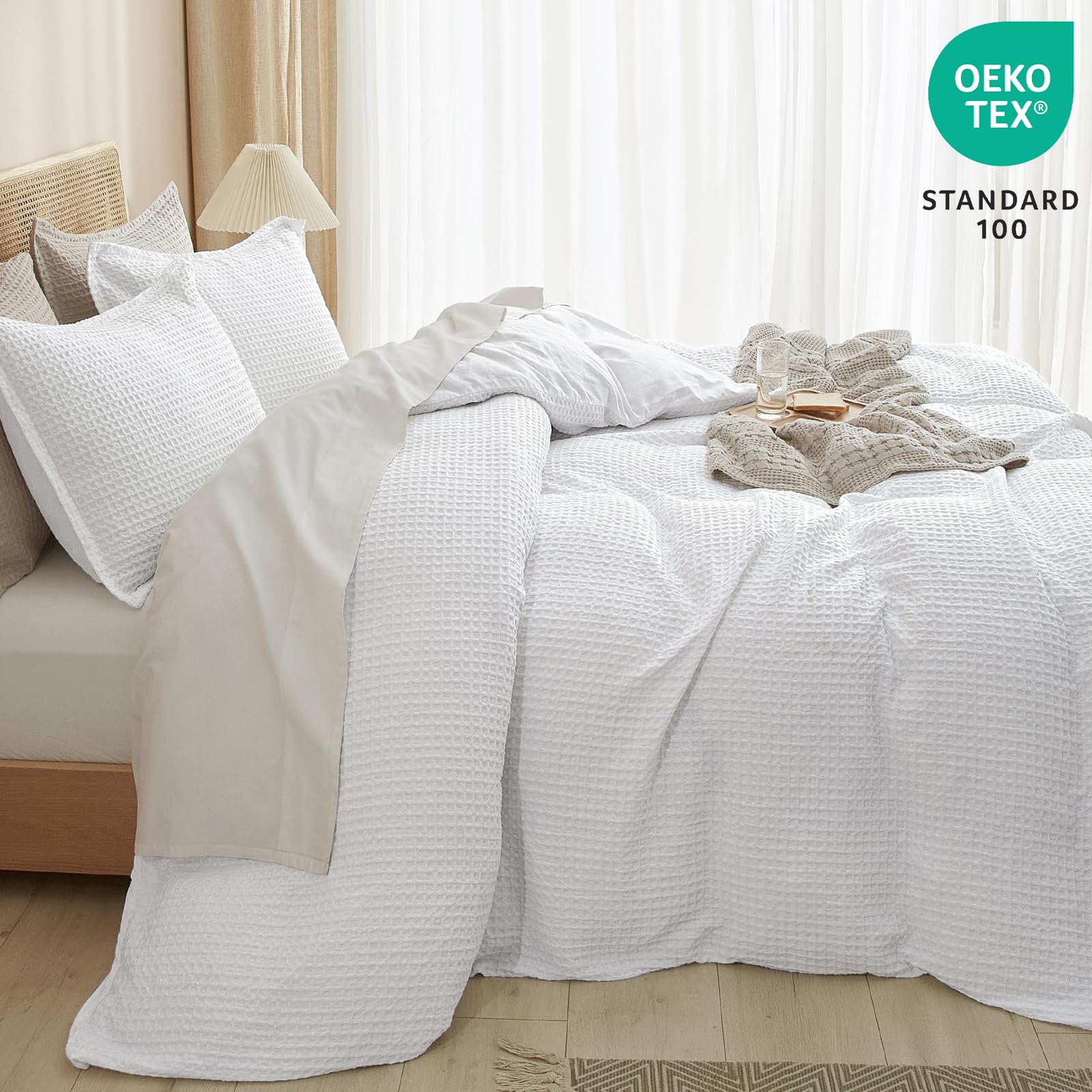 Waffle Weave Duvet Cover Set Queen Size, 3 Piece Ultra Soft Breathable Durable Comforter Cover for All Season, Waffle Textured Duvet Cover with 2 Pillow Shams Bedding Collection, 90"x90"
