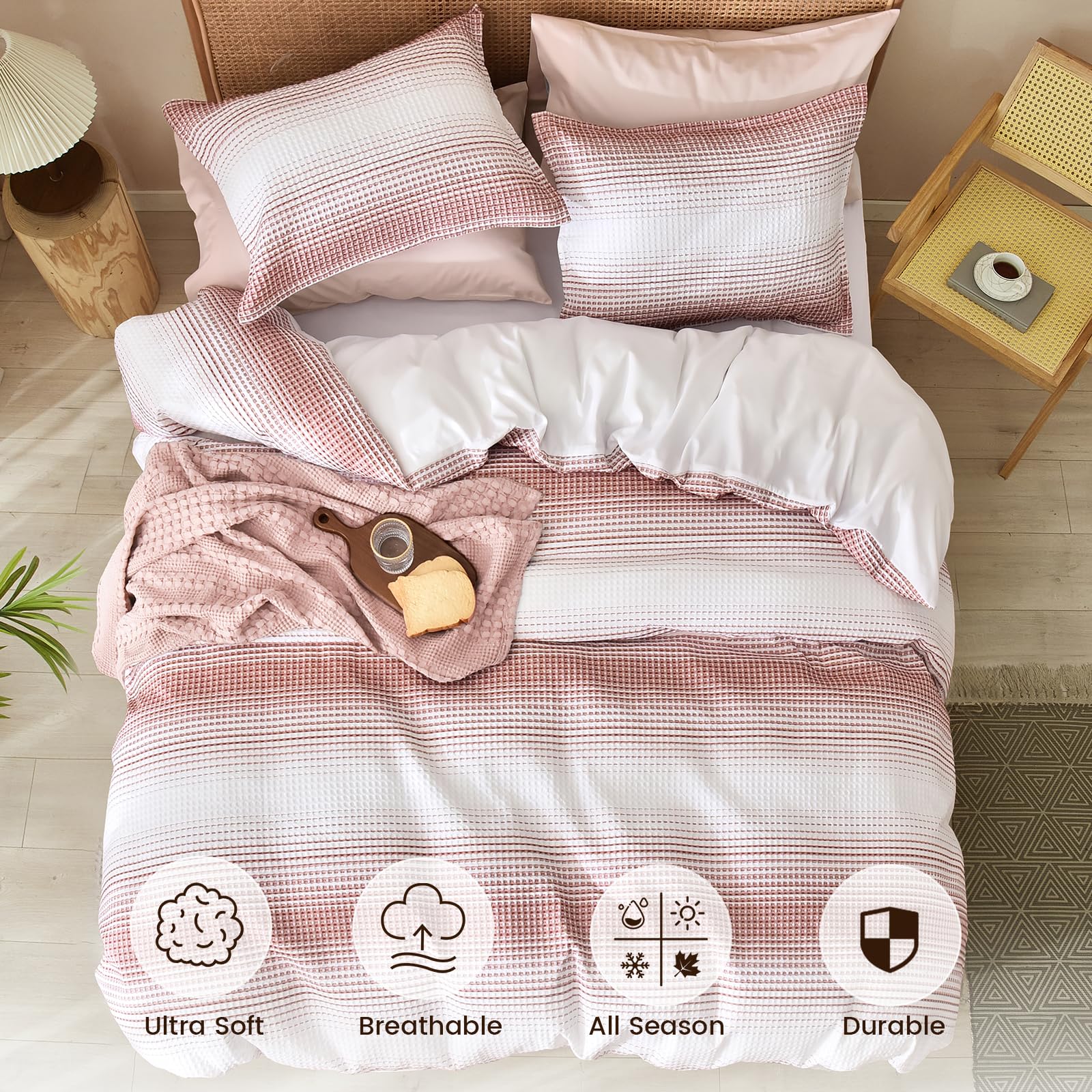 Waffle Weave Duvet Cover Set Queen Size, 3 Piece Ultra Soft Breathable Durable Comforter Cover for All Season, Waffle Textured Duvet Cover with 2 Pillow Shams Bedding Collection, 90"x90"