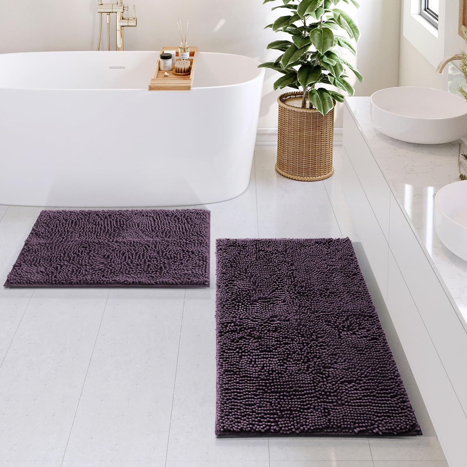 Bathroom Rugs Sets, Chenille Bath Mat Set - Machine Washable Bath Mats for Bathroom Non-Slip Backing Rubber Quick Dry Bathroom Mat