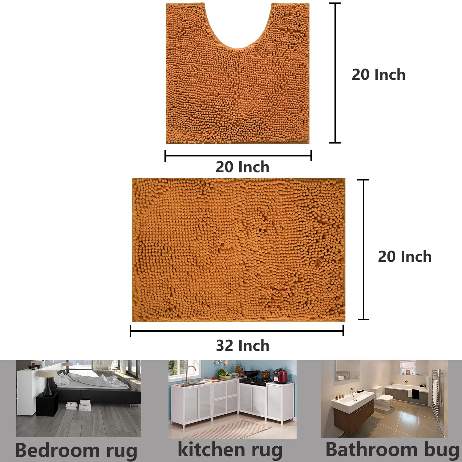 Bathroom Rugs Chenille, Extra Thick and Absorbent, Non-Slip, Machine Washable, Dry Quckily, Soft Cozy Plush, Used Under Shower Bathtub and Sink, Bath mat Sets 2Piece