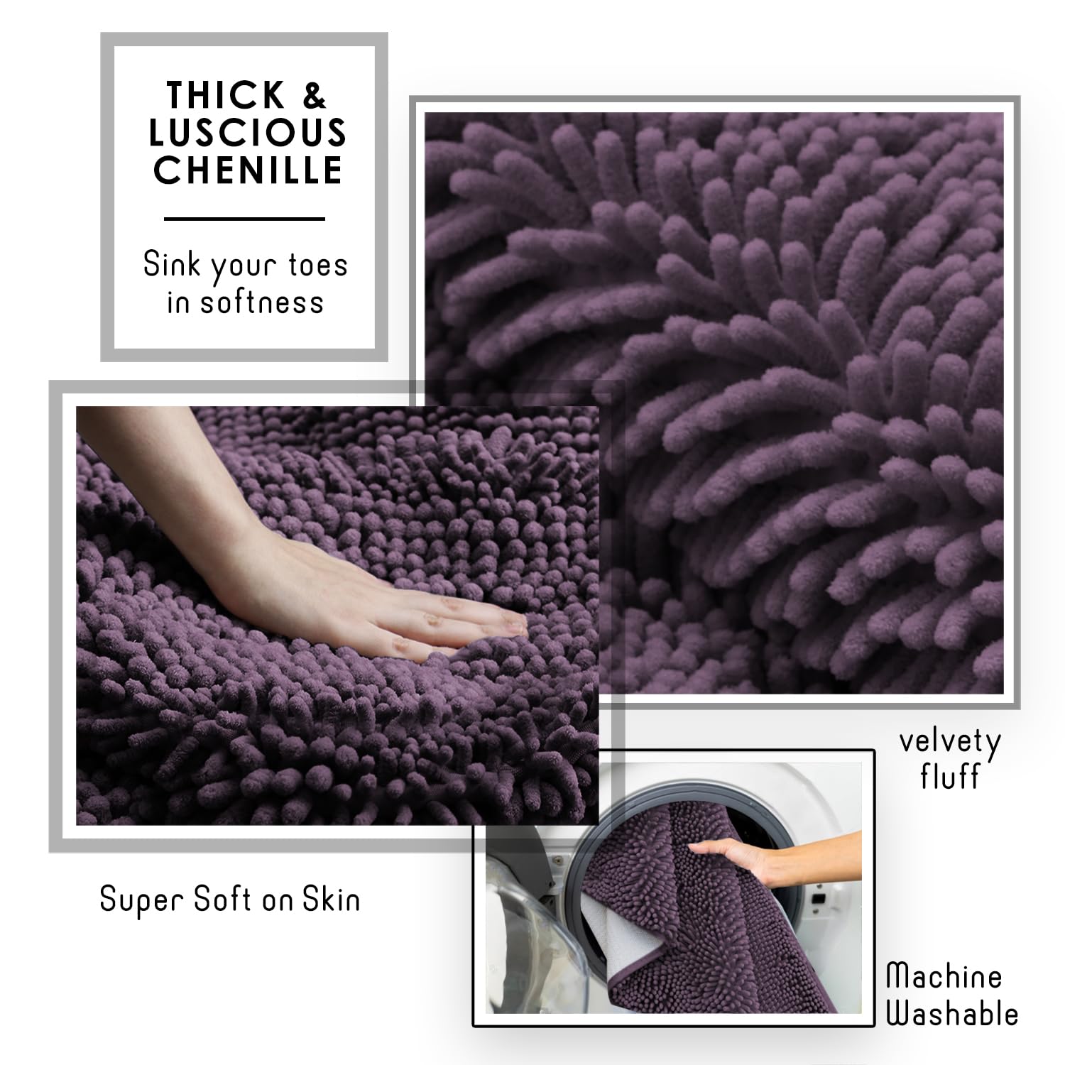 Bathroom Rugs Sets, Chenille Bath Mat Set - Machine Washable Bath Mats for Bathroom Non-Slip Backing Rubber Quick Dry Bathroom Mat