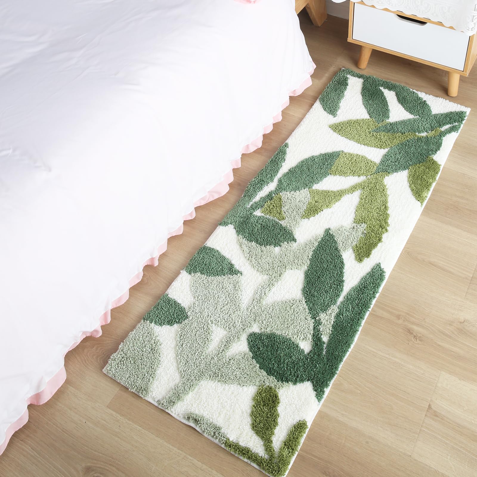 Bathroom Rugs - Green Bath Rug Non Slip Back Water Aabsorbent Leaves Plush Microfiber Small Bathroom Rug Leaf Shower Mat Cute Green Bath Mat Doormat Size:17.5 X 25.5IN/45 X 65 CM
