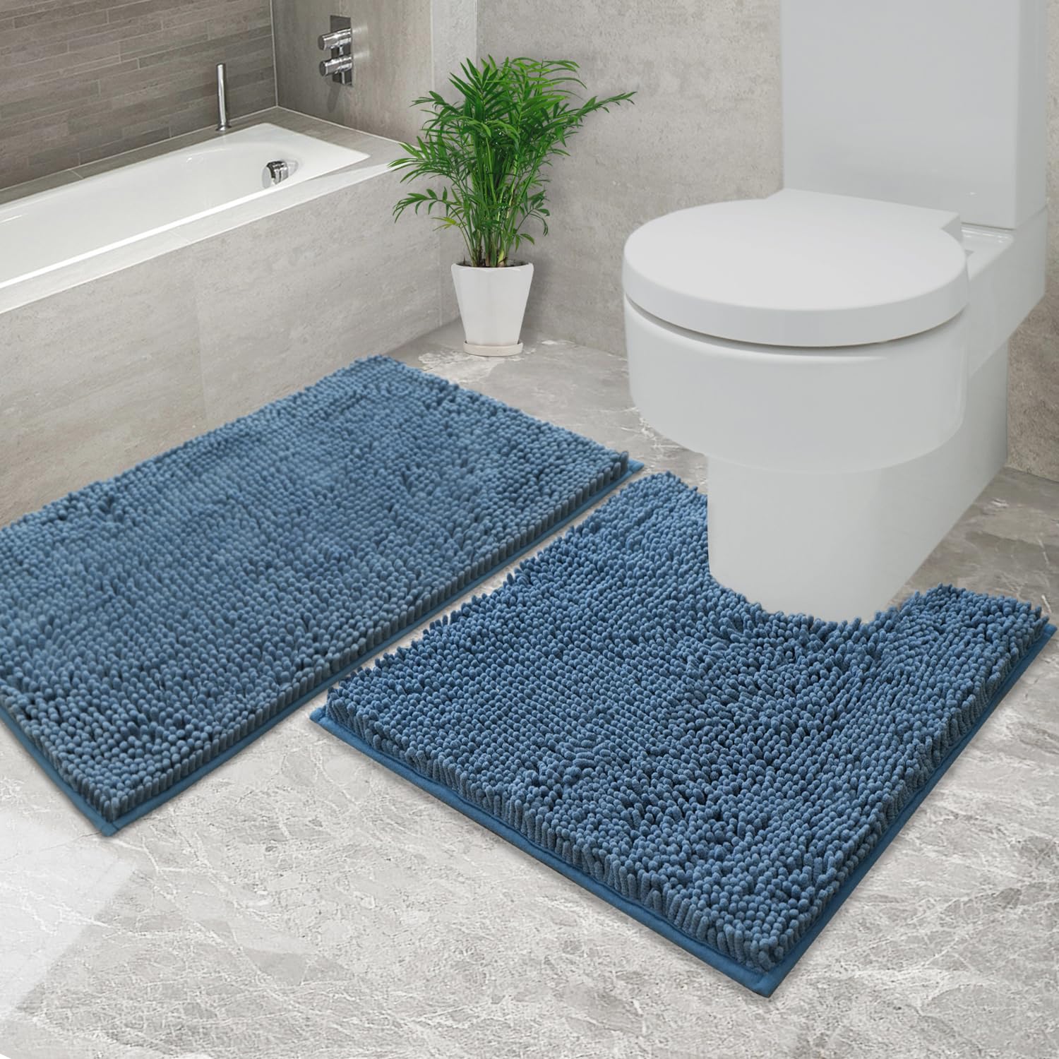 Bathroom Rugs Chenille, Extra Thick and Absorbent, Non-Slip, Machine Washable, Dry Quckily, Soft Cozy Plush, Used Under Shower Bathtub and Sink, Bath mat Sets 2Piece