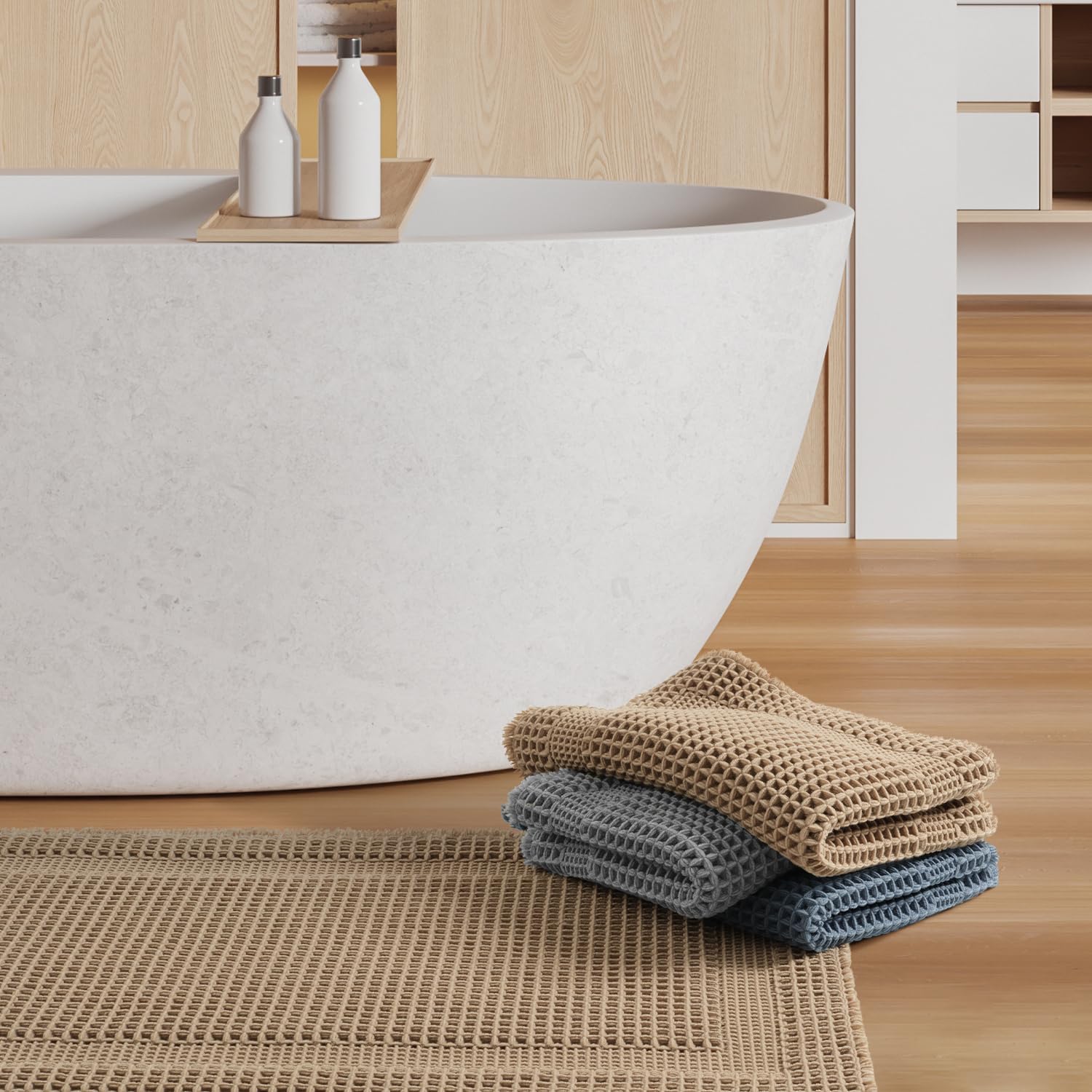 改AMOAMI Waffle Bath-Mat, Absorbent Bath Mats for Bathroom Non Slip, Machine Washable Bathroom Rugs with Tassels Ultra Soft Boho Bath Rugs for Bathroom Floor 17''x24'' Beige