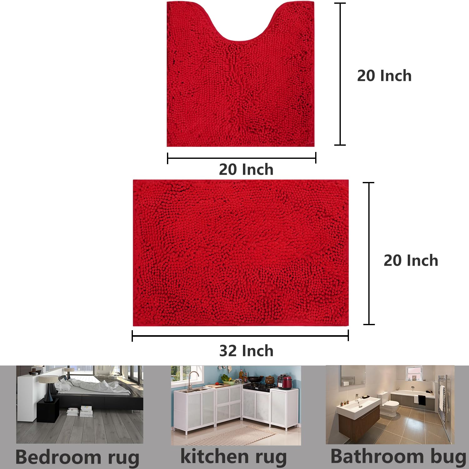 Bathroom Rugs Chenille, Extra Thick and Absorbent, Non-Slip, Machine Washable, Dry Quckily, Soft Cozy Plush, Used Under Shower Bathtub and Sink, Bath mat Sets 2Piece