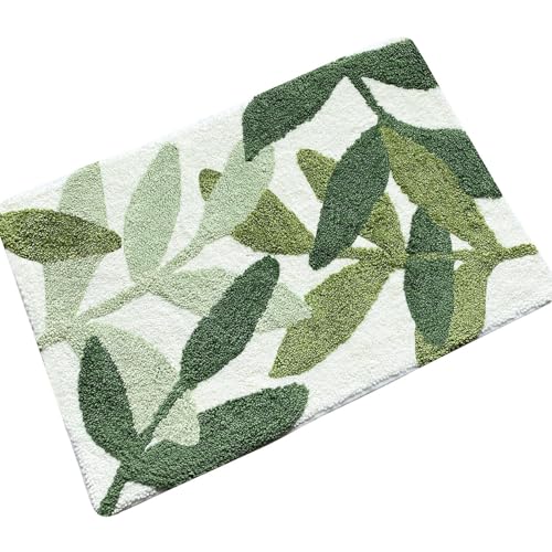 Bathroom Rugs - Green Bath Rug Non Slip Back Water Aabsorbent Leaves Plush Microfiber Small Bathroom Rug Leaf Shower Mat Cute Green Bath Mat Doormat