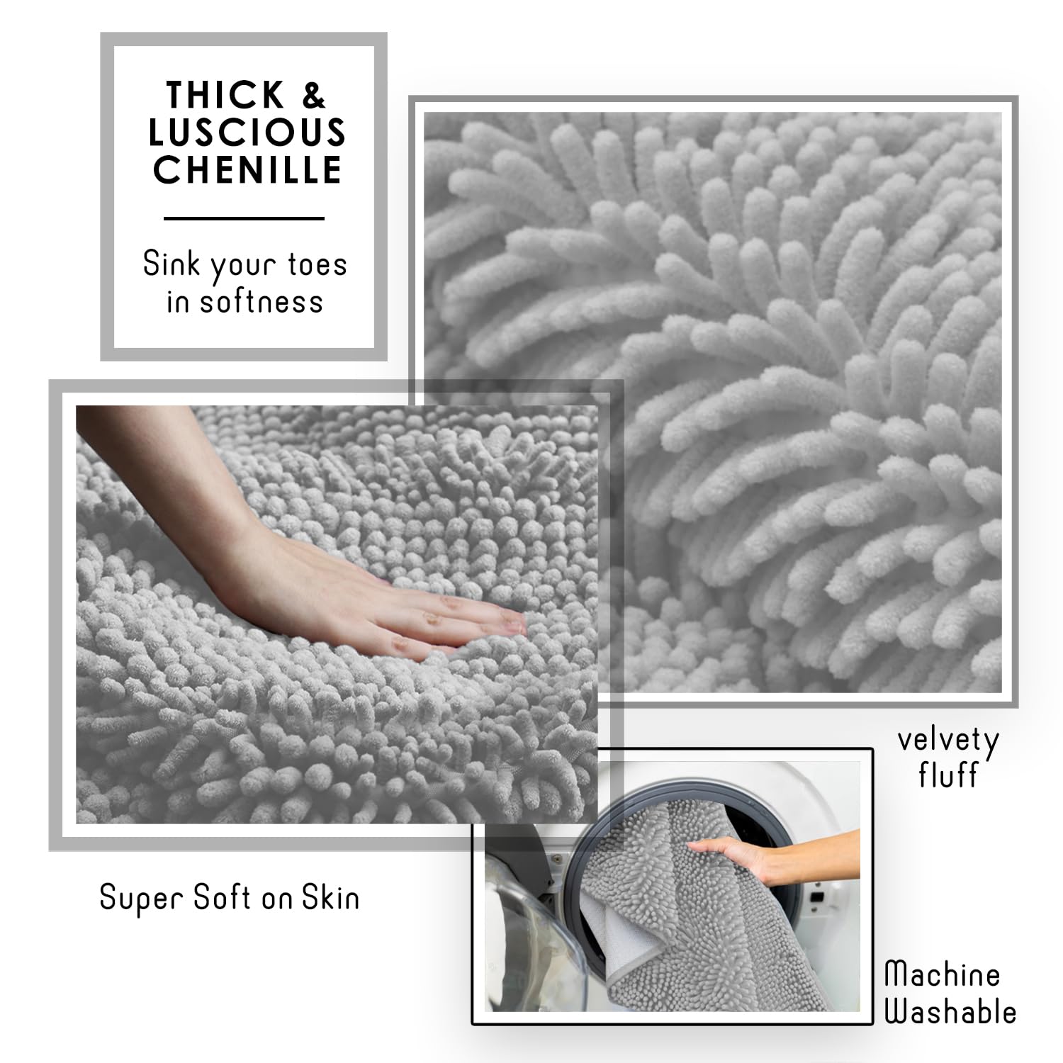Bathroom Rugs Sets, Chenille Bath Mat Set - Machine Washable Bath Mats for Bathroom Non-Slip Backing Rubber Quick Dry Bathroom Mat