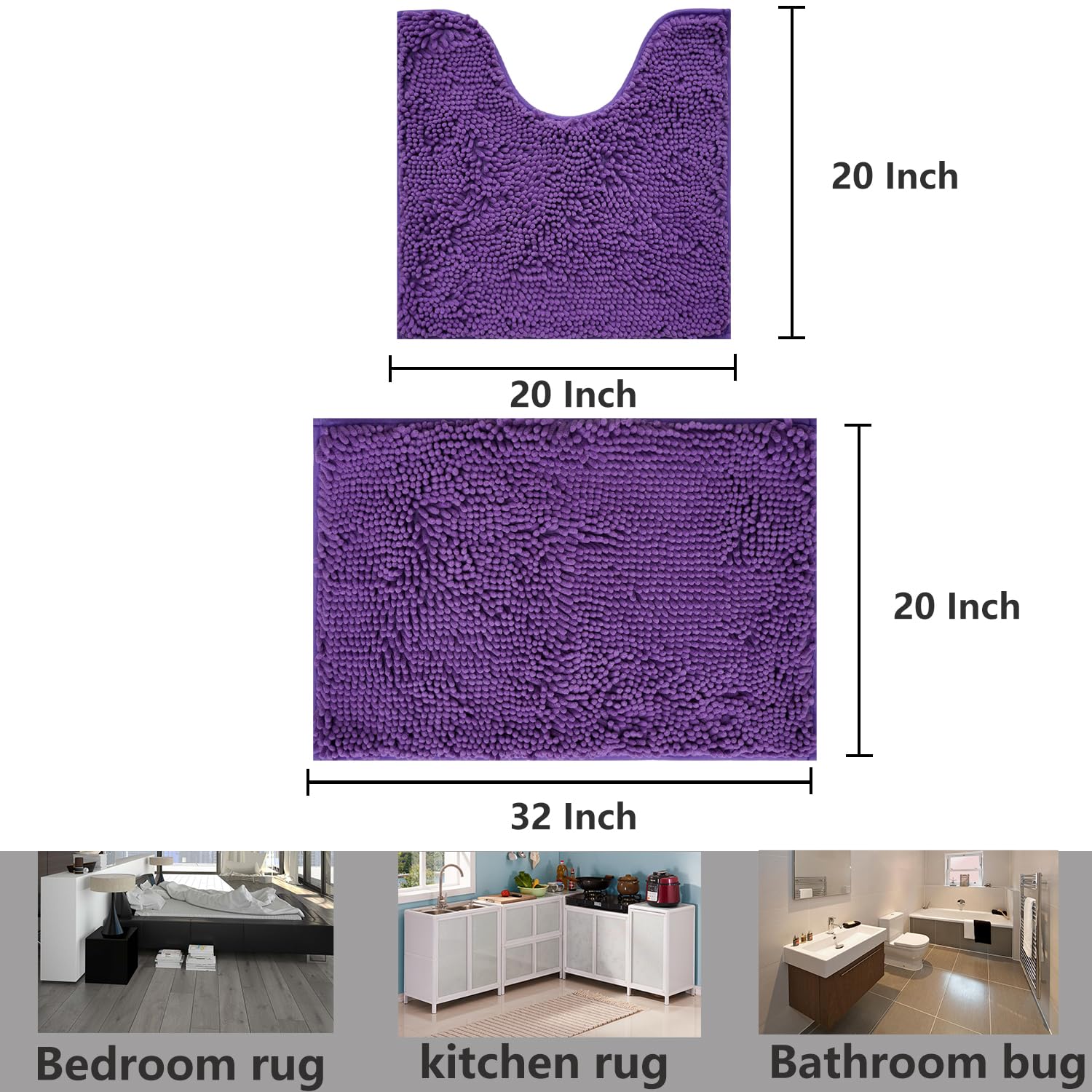 Bathroom Rugs Chenille, Extra Thick and Absorbent, Non-Slip, Machine Washable, Dry Quckily, Soft Cozy Plush, Used Under Shower Bathtub and Sink, Bath mat Sets 2Piece