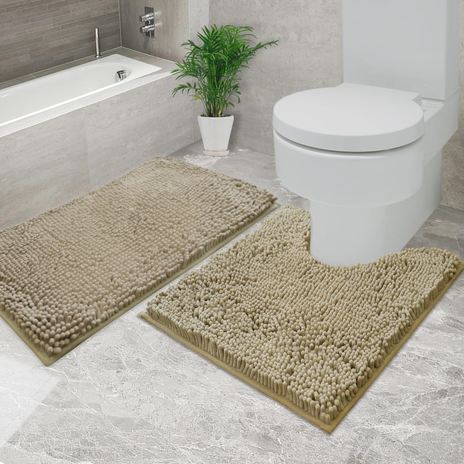 Bathroom Rugs Chenille, Extra Thick and Absorbent, Non-Slip, Machine Washable, Dry Quckily, Soft Cozy Plush, Used Under Shower Bathtub and Sink, Bath mat Sets 2Piece