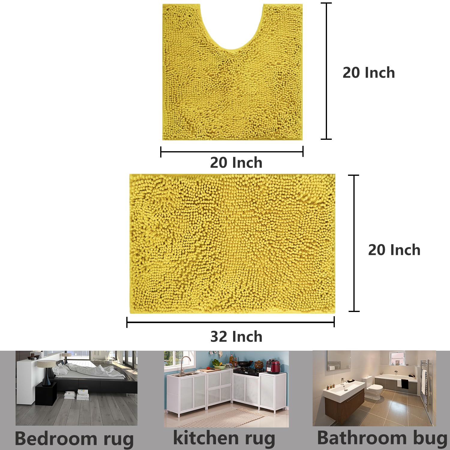 Bathroom Rugs Chenille, Extra Thick and Absorbent, Non-Slip, Machine Washable, Dry Quckily, Soft Cozy Plush, Used Under Shower Bathtub and Sink, Bath mat Sets 2Piece