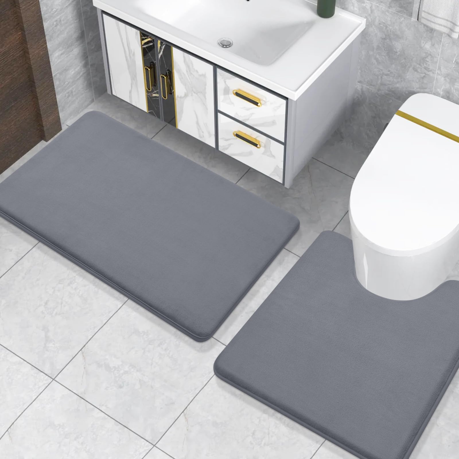 改Smiry Memory Foam U-Shaped Toilet Bathroom Rugs 24" x 20",Extra Soft Absorbent Non-Slip Contoured Rugs, Machine Washable Contour Bath Mats for Bathroom Toilet, Black