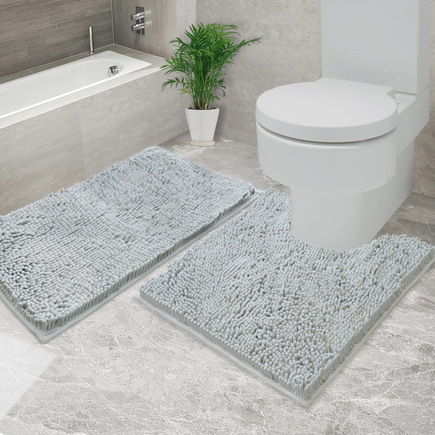 改Bathroom Rugs Chenille, Extra Thick and Absorbent, Non-Slip, Machine Washable, Dry Quckily, Soft Cozy Plush, Used Under Shower Bathtub and Sink, Bath mat Sets 2Piece Dark Grey