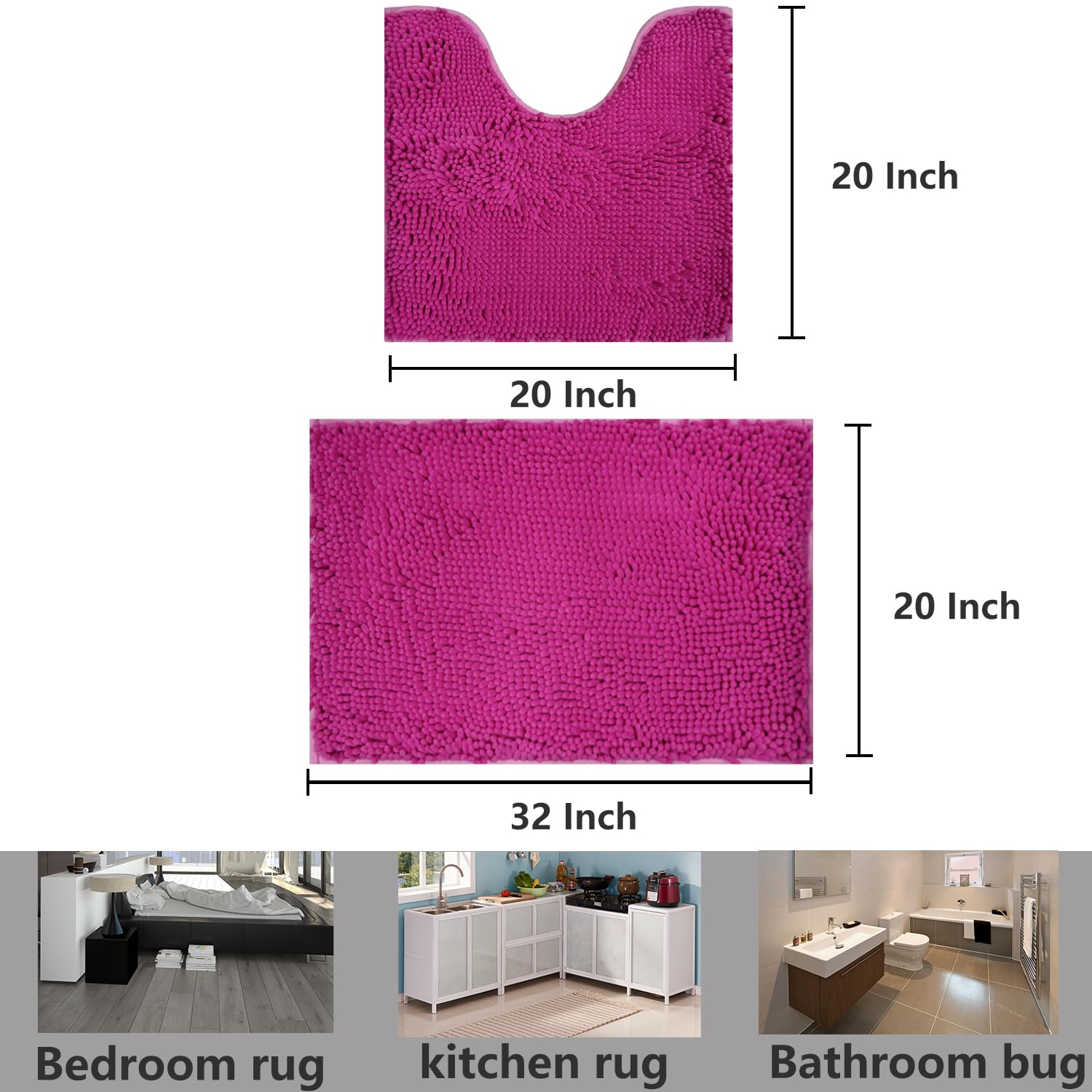 Bathroom Rugs Chenille, Extra Thick and Absorbent, Non-Slip, Machine Washable, Dry Quckily, Soft Cozy Plush, Used Under Shower Bathtub and Sink, Bath mat Sets 2Piece