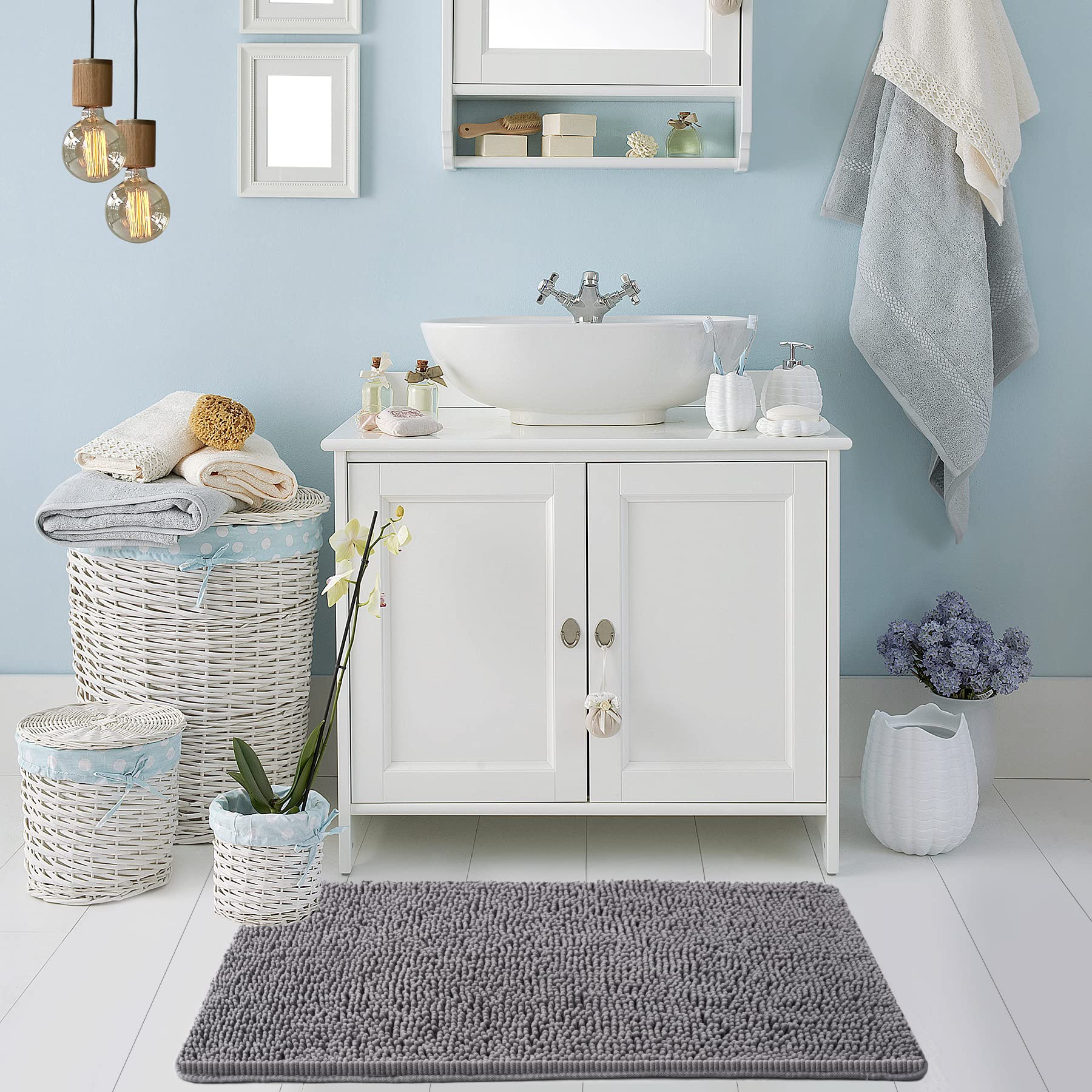 Long Bathroom Rugs Runner,Absorbent Bath Mats for Bathroom Non-Slip,Washable Carpet,Soft Plush Chenille Shower Mats for Bathroom,Shaggy Durable Bath Rugs with Rubber Backing